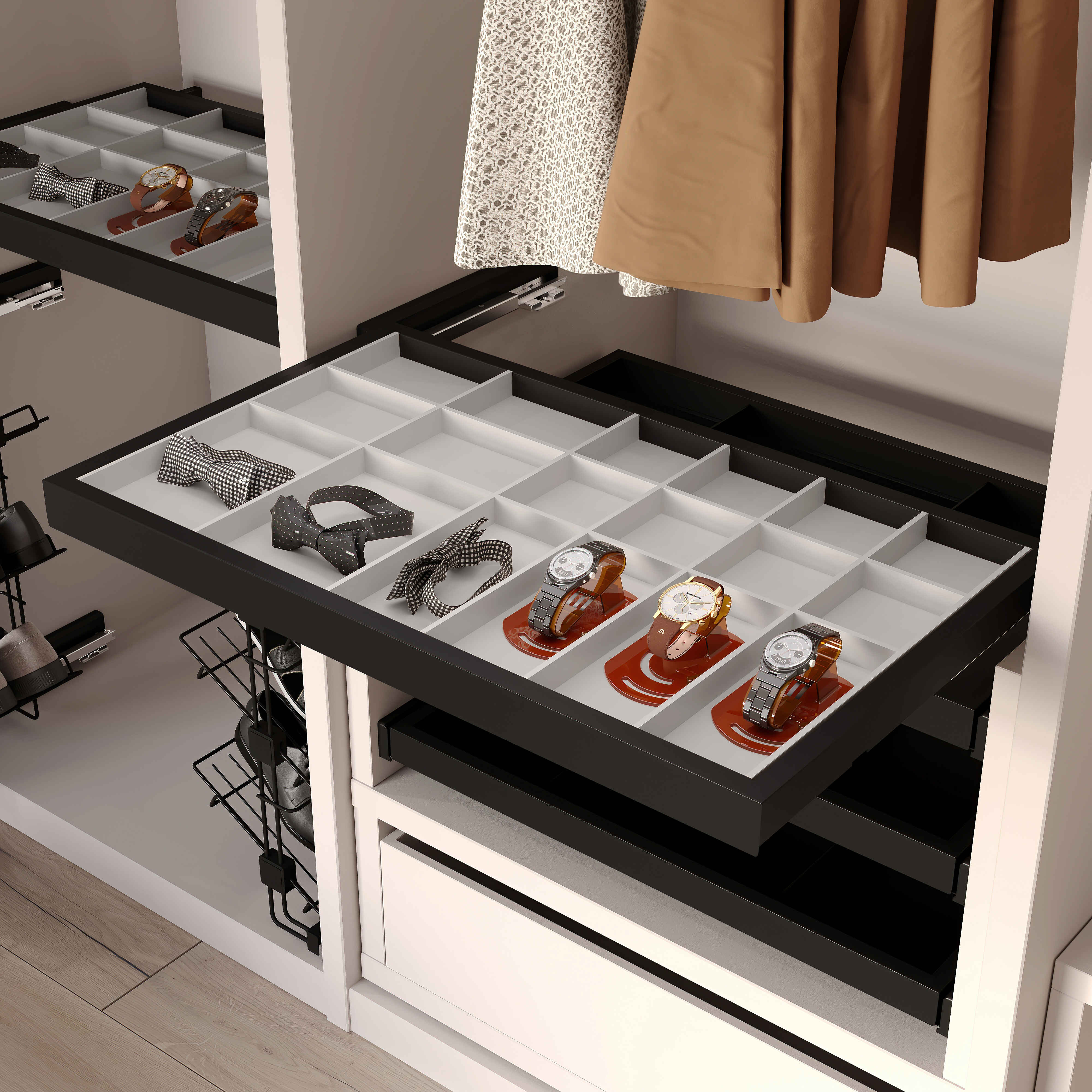 Kit de cajón organizador y bastidor de guías con cierre suave para armarios, regulable, módulo 800mm, Negro texturizado y gris piedra