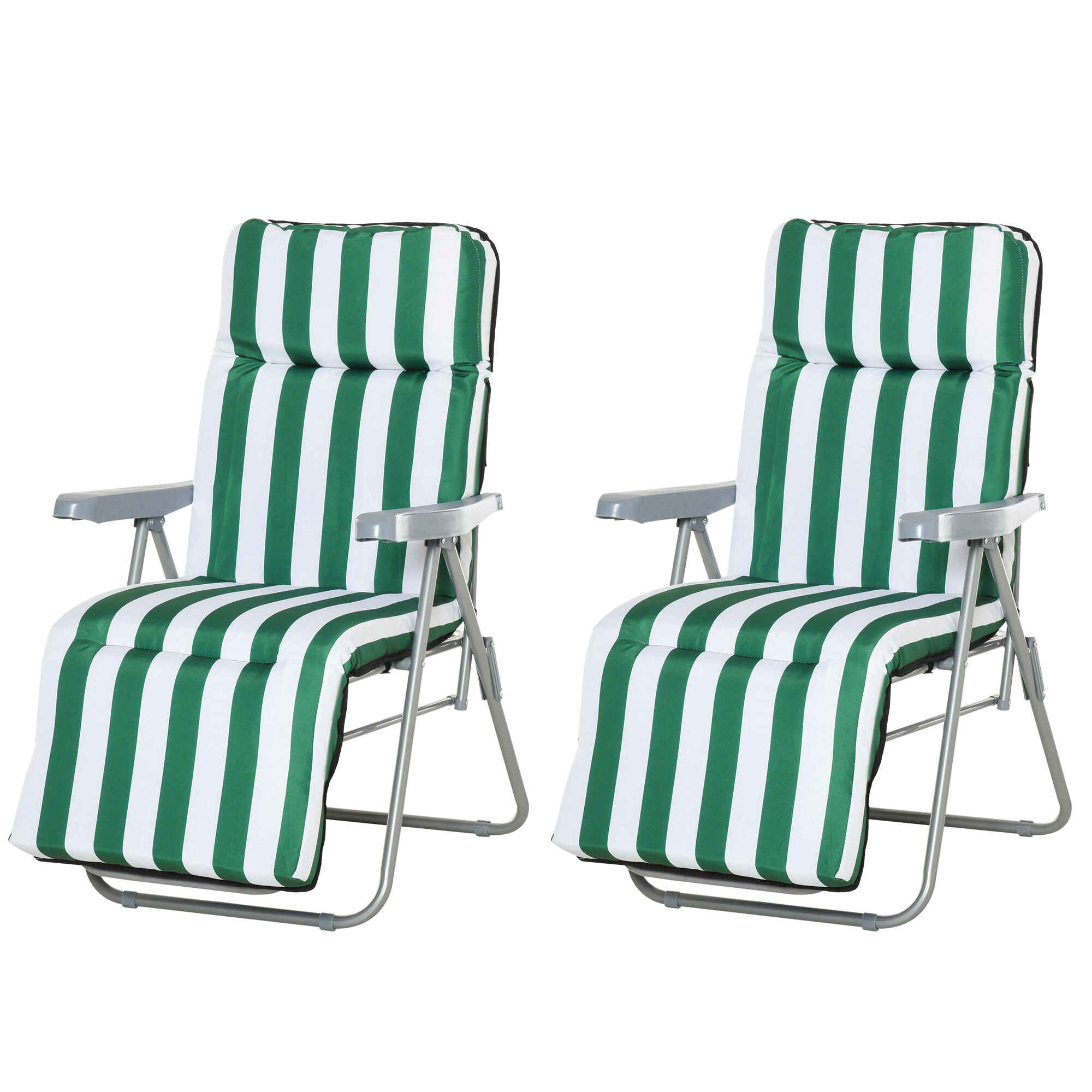 Conjunto de 2 Tumbonas Plegables Tumbonas de Jardín de Acero con Cojín Acolchado Respaldo Regulable en 5 Posiciones y Reposapiés 60x75x66-102 cm Rayas Verde