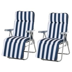 Conjunto de 2 Tumbonas Plegables Tumbonas de Jardín de Acero con Cojín Acolchado Respaldo Regulable en 5 Posiciones y Reposapiés 60x75x66-102 cm Azul y Blanco