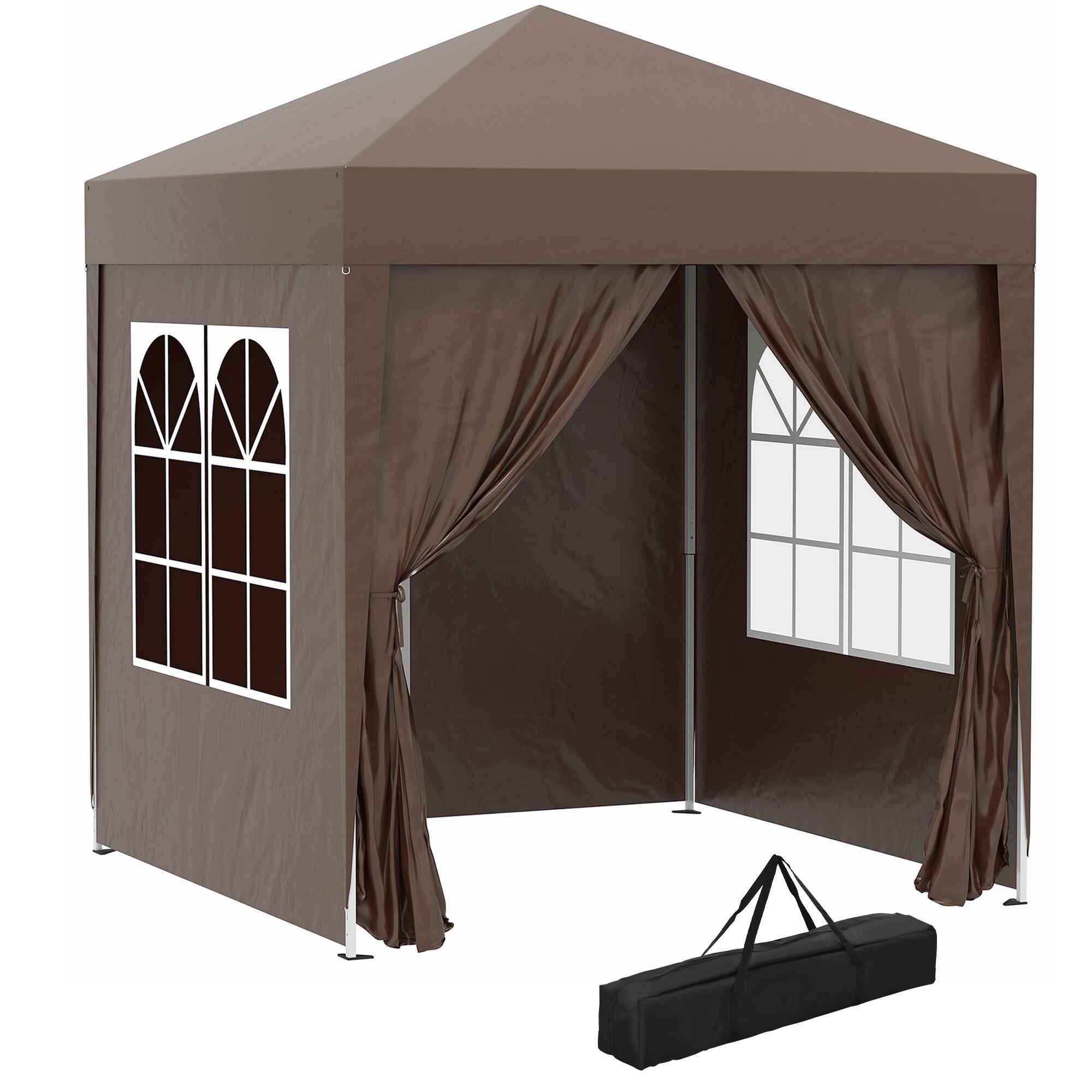 Carpa Plegable Gazebo 2x2 m Cenador de Jardín con 4 Paredes Laterales Tela 2 Puertas 2 Ventanas y Bolsa de Transporte Impermeable para Exterior Terraza Camping Fiestas Marrón
