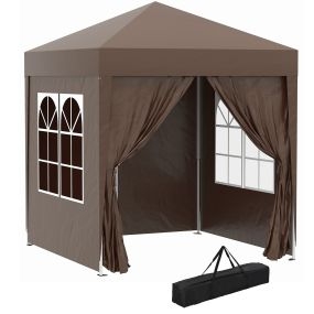 Carpa Plegable Gazebo 2x2 m Cenador de Jardín con 4 Paredes Laterales Tela  2 Puertas 2 Ventanas y Bolsa de Transporte Impermeable para Exterior Terraza Camping Fiestas Marrón