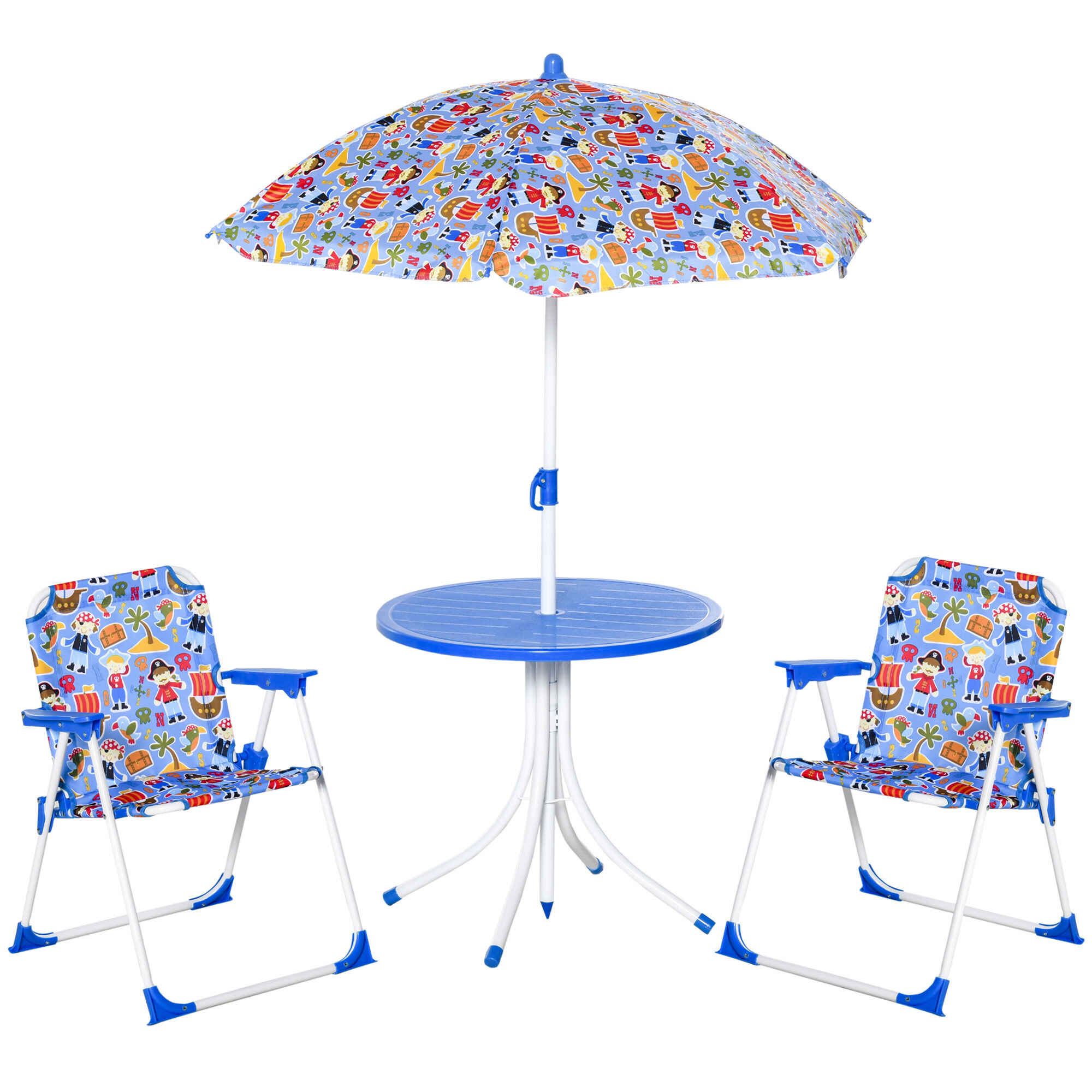 Set de Mesa y Sillas Exterior Infantil Conjunto de Picnic Plegable para Jardín Juego de Mesa con Sombrilla Ajustable 100-125 cm Protección de UV Azul