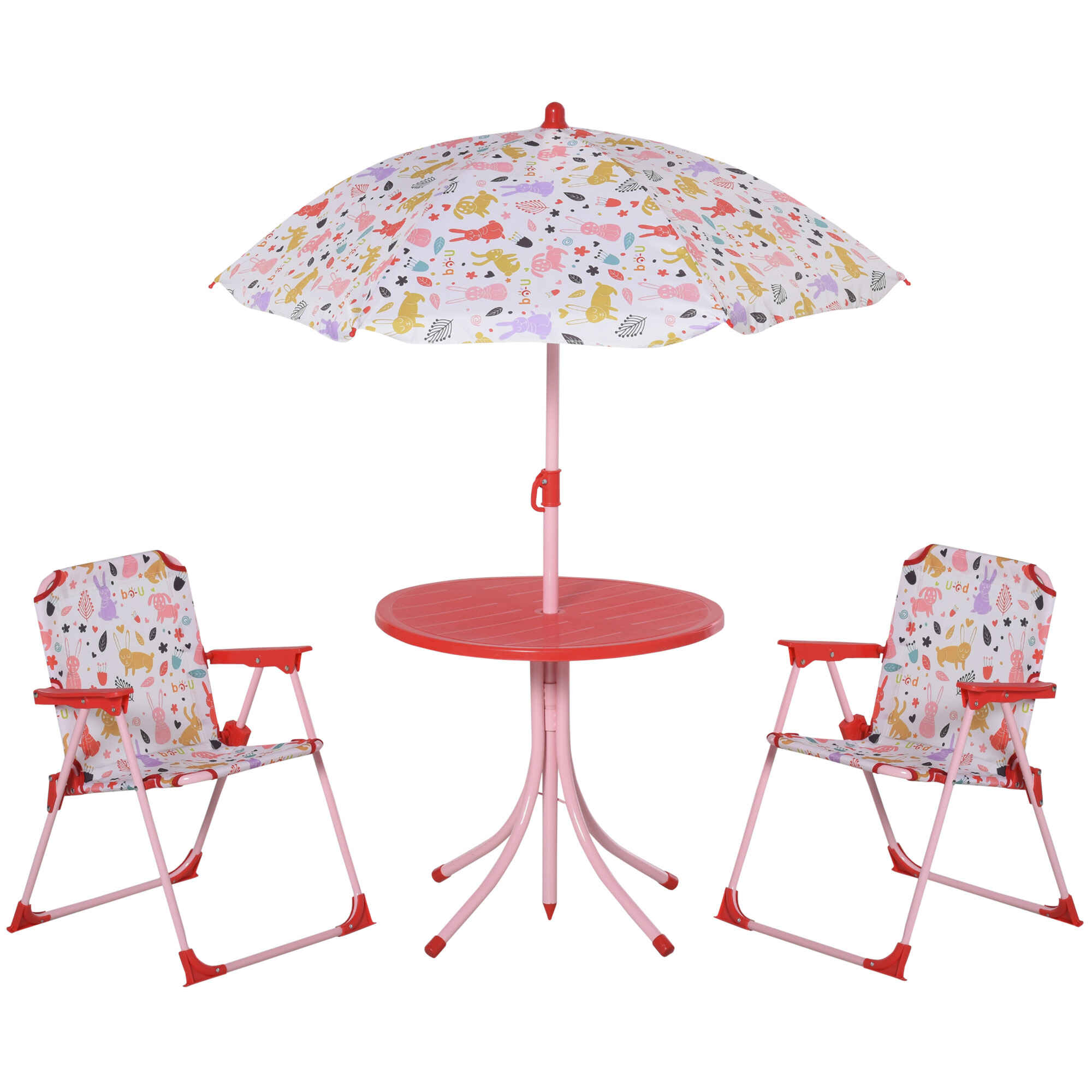 Set de Mesa y Sillas Exterior Infantil Conjunto de Picnic Plegable para Jardín Juego de Mesa con Sombrilla Ajustable 100-125 cm Protección de UV Rojo