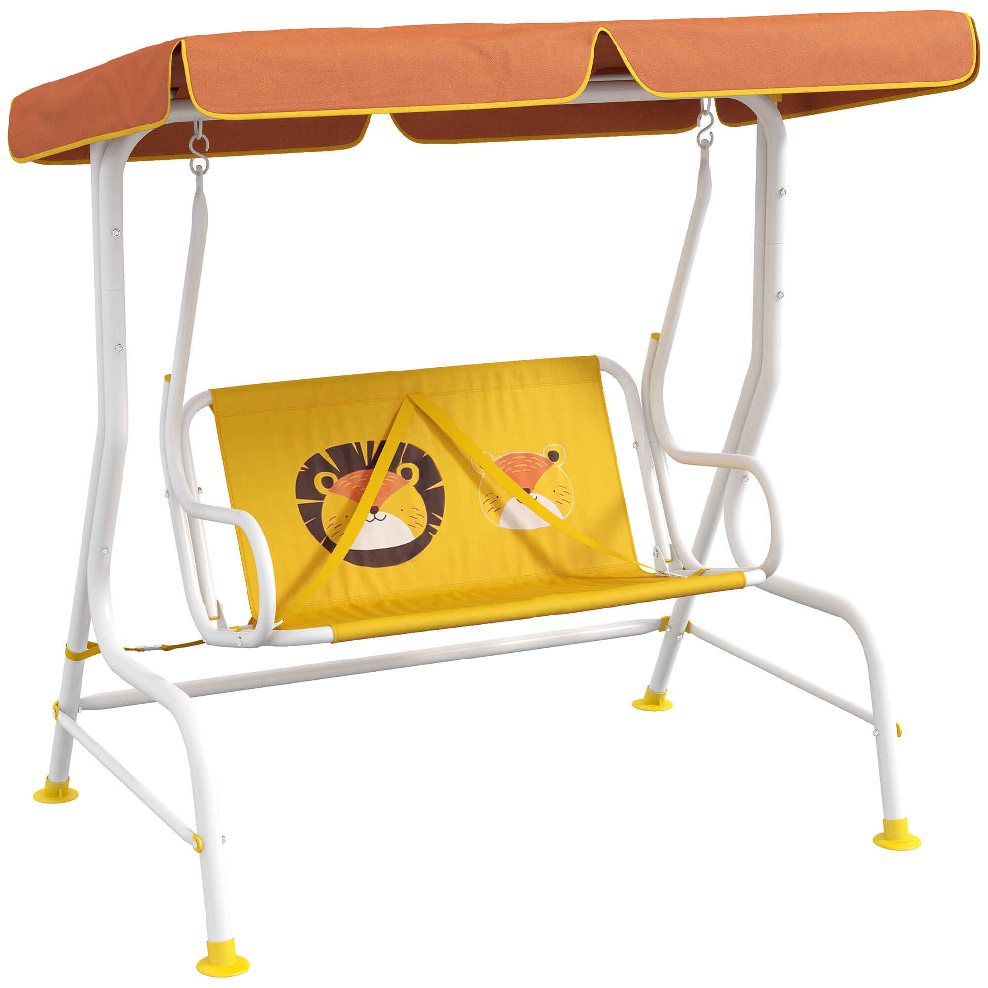Balancín de Jardín Exterior Columpio de Jardín Infantil de 2 Plazas con Patrón de León Toldo Ajustable en Ángulo Carga 60 kg 110x70x110 cm Amarillo