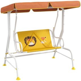 Balancín de Jardín Exterior Columpio de Jardín Infantil de 2 Plazas con Patrón de León Toldo Ajustable en Ángulo Carga 60 kg 110x70x110 cm Amarillo