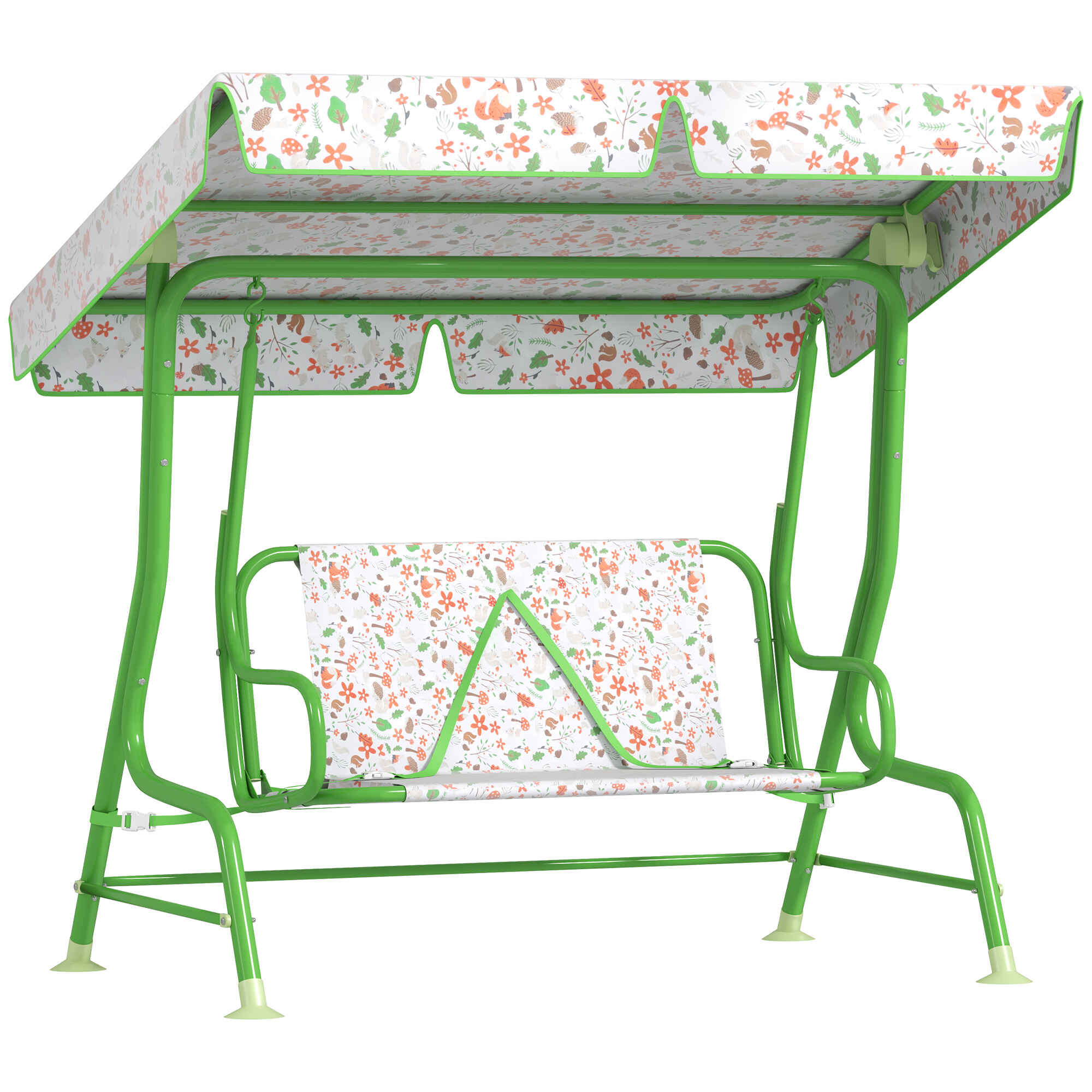 AIYAPLAY Columpio de Jardín Exterior para Niños de +3 Años Balancín de Jardín Exterior de 2 Plazas con Toldo Ajustable Arnés de Seguridad y Estampados Bonitos 112x75x120 cm Verde