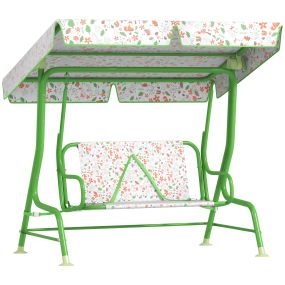 AIYAPLAY Columpio de Jardín Exterior para Niños de +3 Años Balancín de Jardín Exterior de 2 Plazas con Toldo Ajustable Arnés de Seguridad y Estampados Bonitos 112x75x120 cm Verde