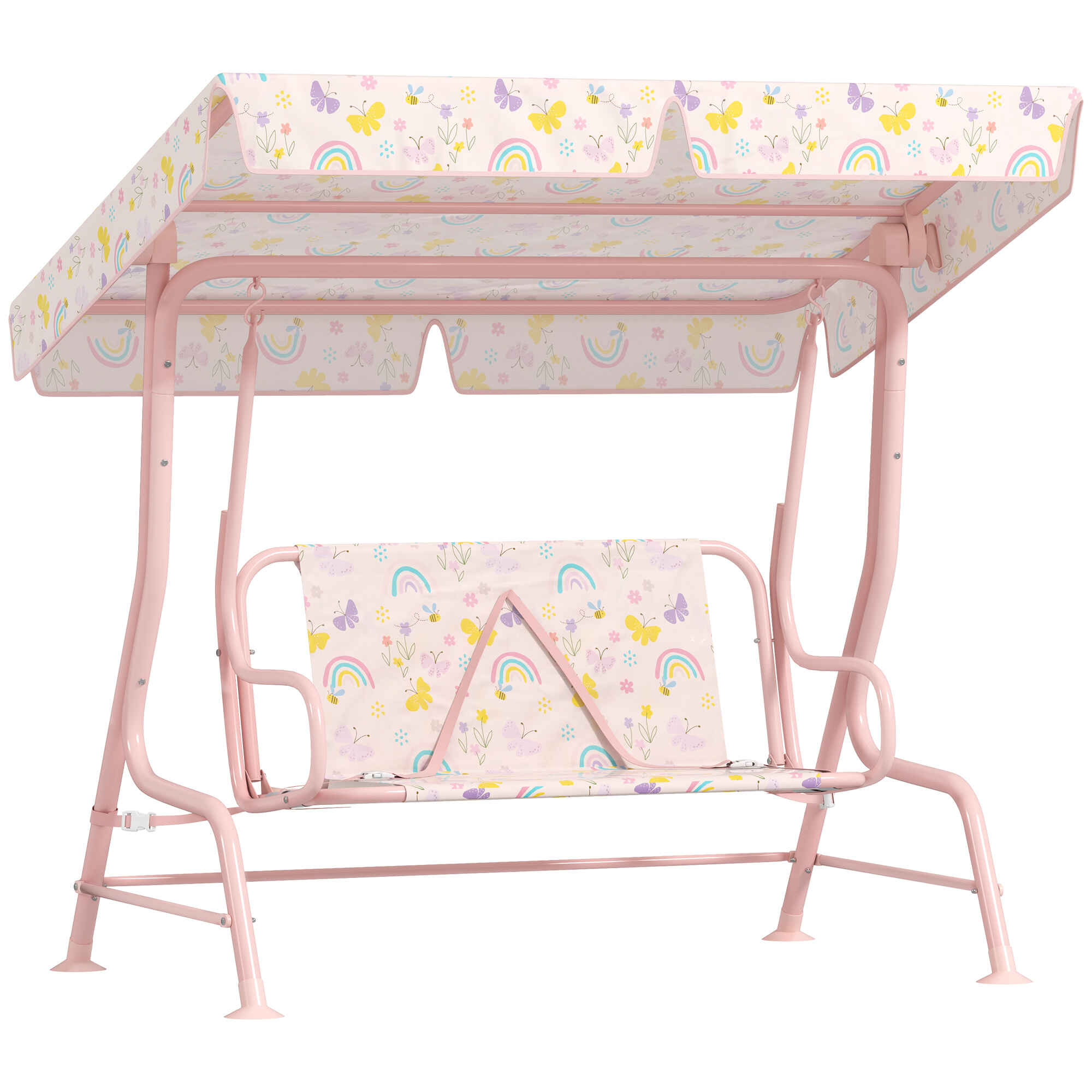AIYAPLAY Columpio de Jardín Exterior para Niños de +3 Años Balancín de Jardín Exterior de 2 Plazas con Toldo Ajustable Arnés de Seguridad y Estampados Bonitos 112x75x120 cm Rosa