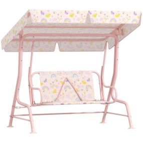 AIYAPLAY Columpio de Jardín Exterior para Niños de +3 Años Balancín de Jardín Exterior de 2 Plazas con Toldo Ajustable Arnés de Seguridad y Estampados Bonitos 112x75x120 cm Rosa