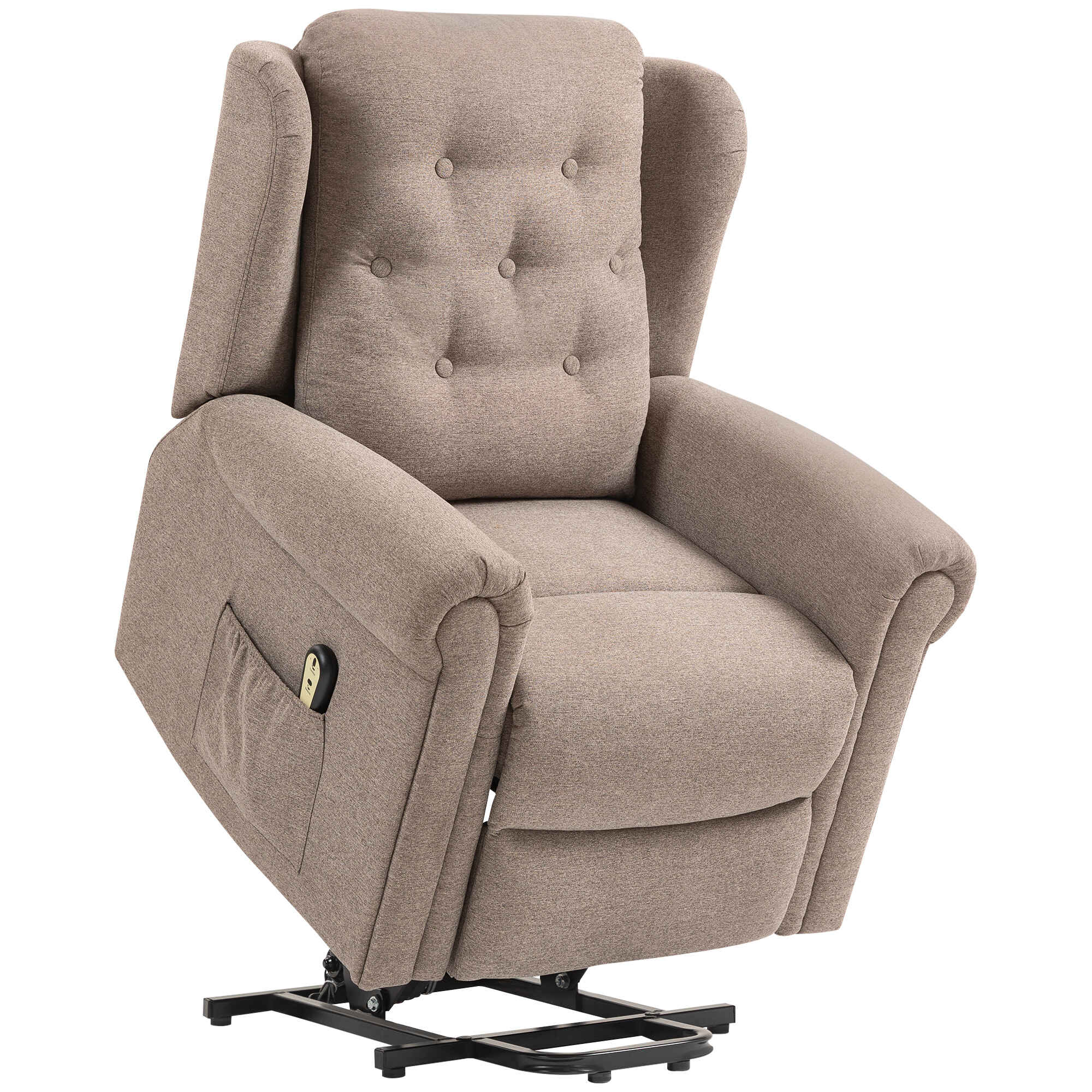 Sillón Relax Reclinable Eléctrico Levanta Personas Sillón Elevador con Respaldo Alto Capitoné Control Remoto Tapizado en Lino y Bolsillos Laterales Marrón Claro
