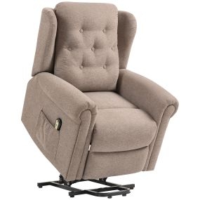 Sillón Relax Reclinable Eléctrico Levanta Personas Sillón Elevador con Respaldo Alto Capitoné Control Remoto Tapizado en Lino y Bolsillos Laterales Marrón Claro