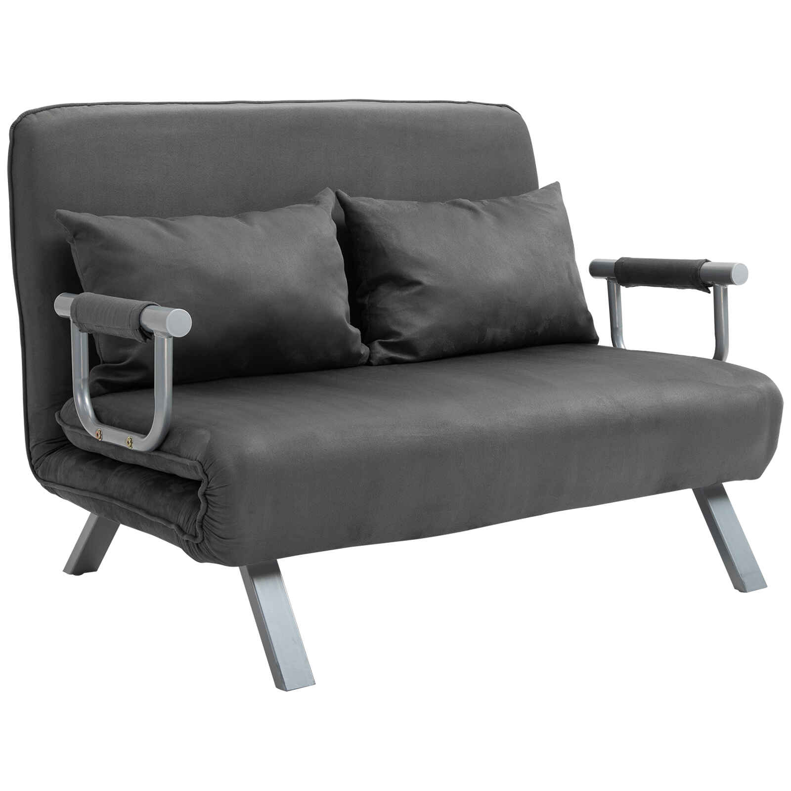 Sofá Cama de 2 Plazas Sofá Cama Plegable Tapizado en Ante Sintético con Respaldo Ajustable de 5 Niveles y 2 Almohadas Acolchadas para Oficina Dormitorio Salón 111x80x78 cm Gris