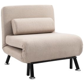 Sofá Cama de 1 Plaza 3 en 1 Sofá Cama Plegable Tapizado en Lino con Respaldo Ajustable de 5 Niveles y Almohada Acolchada para Oficina Dormitorio Salón 75x70x75 cm Beige