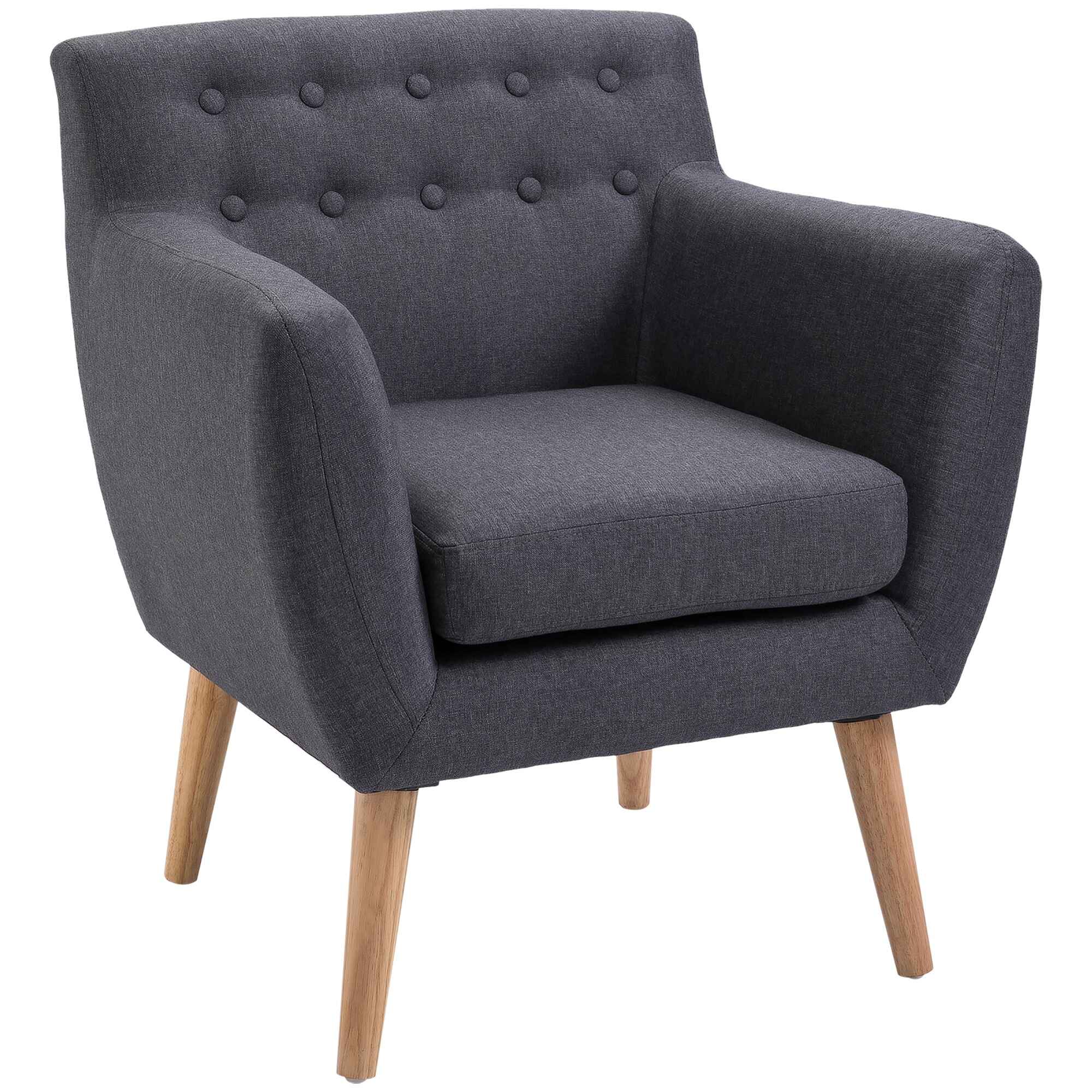 Sillón de Salón Moderno Butaca para Dormitorio con Reposabrazos y Patas de Madera Sofá Individual Carga 125 kg para Oficina Sala de Estar Gris Oscuro