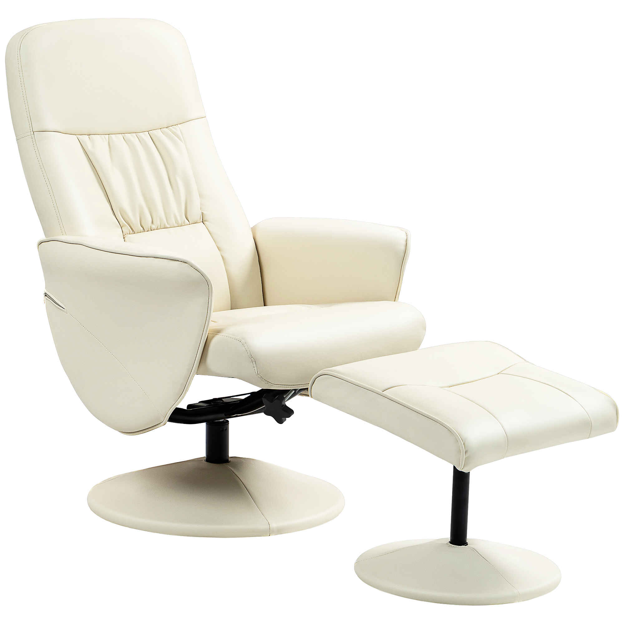 Sillón de Salón con Otomana Reposapiés Tapizado en PU Sillón Relax Reclinable hasta 145° y Giratorio 360° con Respaldo Ajustable para Salón Dormitorio Oficina 76x81x101 cm Crema