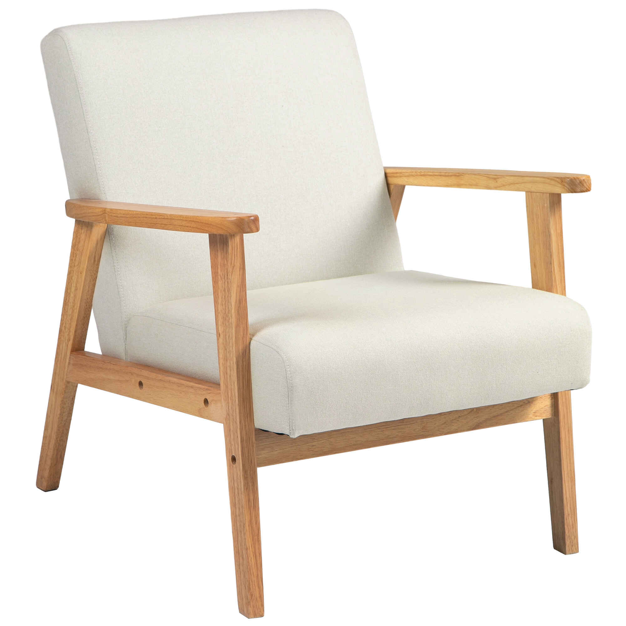 Butaca de Dormitorio Moderna Butaca de Salón Tapizado en Lino Sintético con Reposabrazos y Marco de Madera para Sala de Estar Crema y Natural