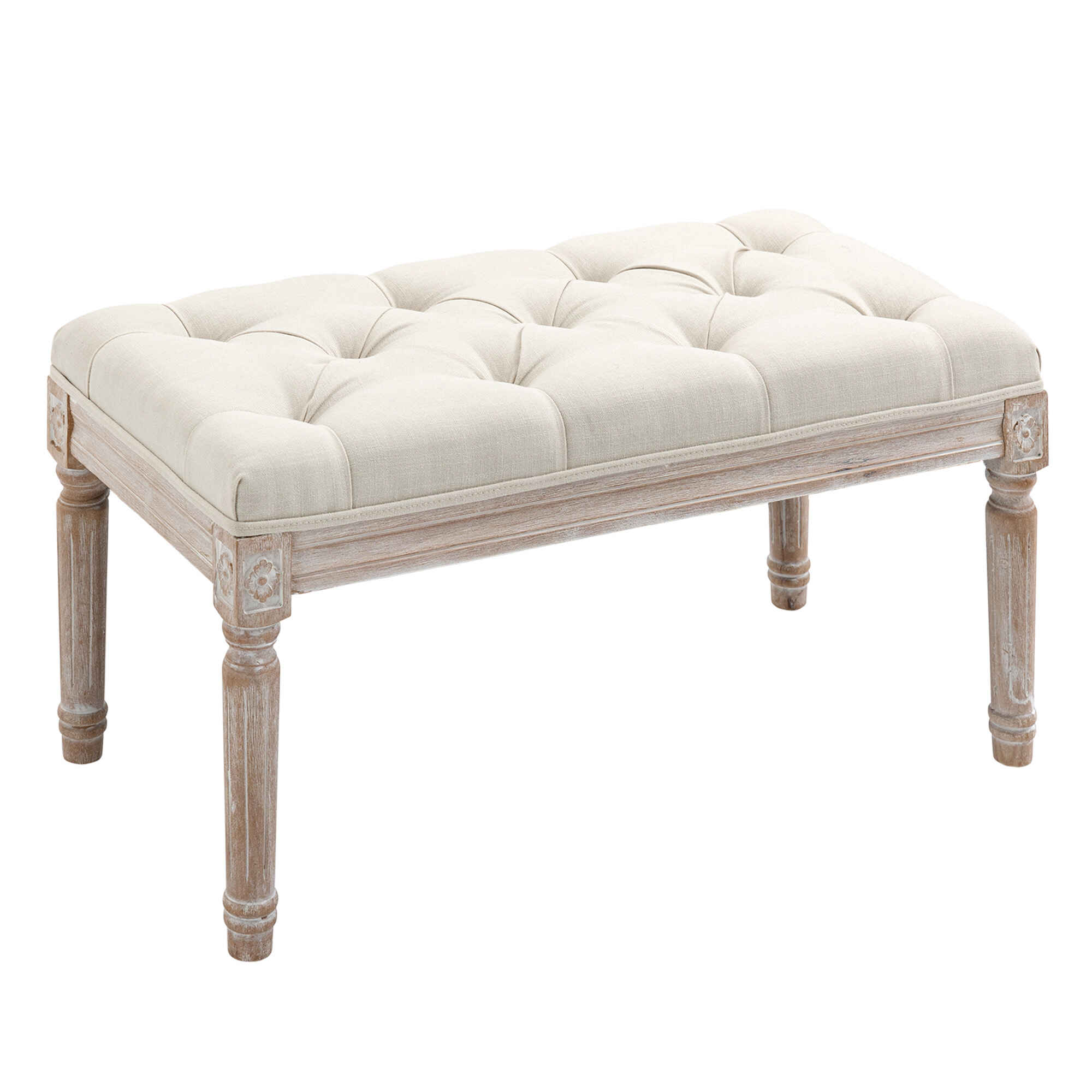 Taburete para Pie de Cama Tapizado en Tela con Asiento Acolchado y Patas de Madera Banqueta de Estilo Vintage para Dormitorio Recibidor Salón 80x40x43 cm Beige