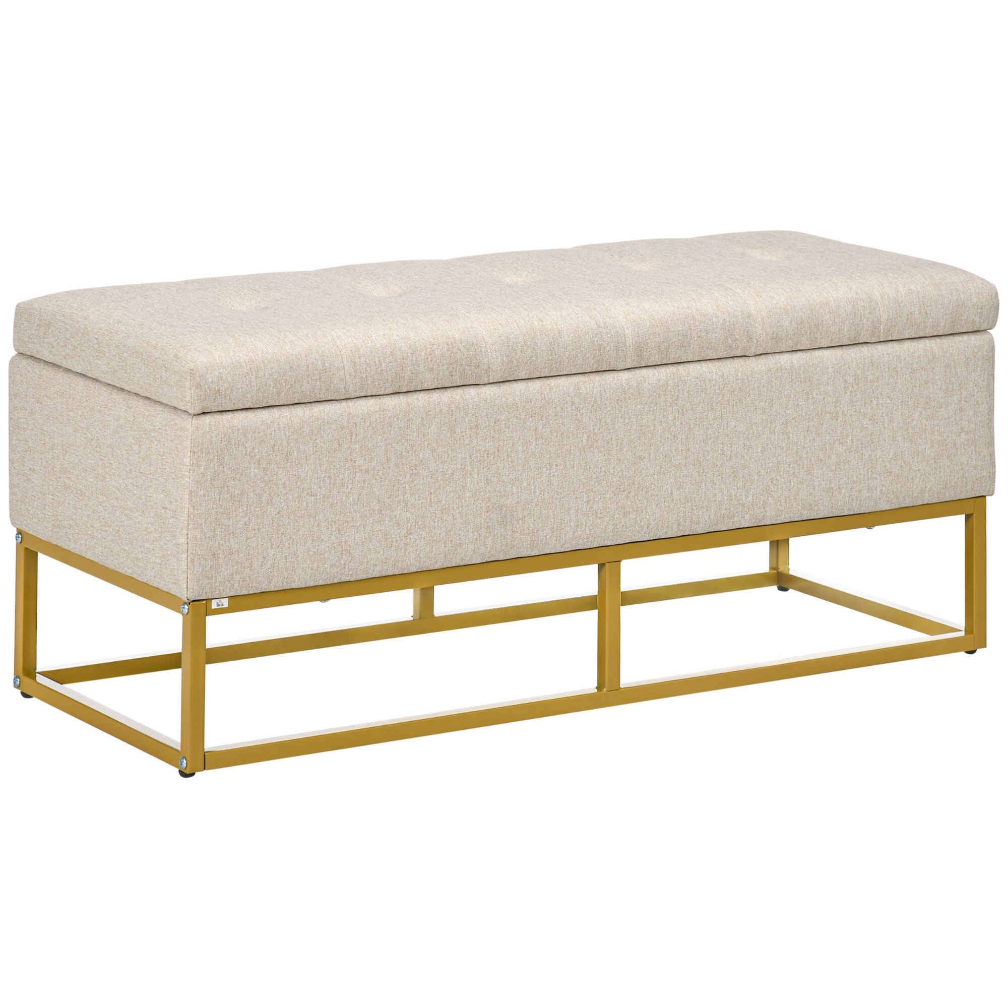Baúl de Almacenaje para Dormitorio Puff de Almacenaje Tapizado de Lino Sintético con Tapa Abatible y Patas de Acero para Salón 110x44x48 cm Beige