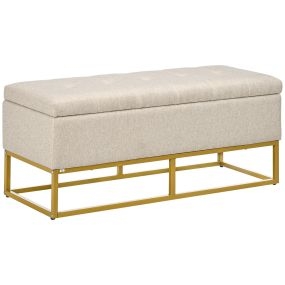 Baúl de Almacenaje para Dormitorio Puff de Almacenaje Tapizado de Lino Sintético con Tapa Abatible y Patas de Acero para Salón 110x44x48 cm Beige