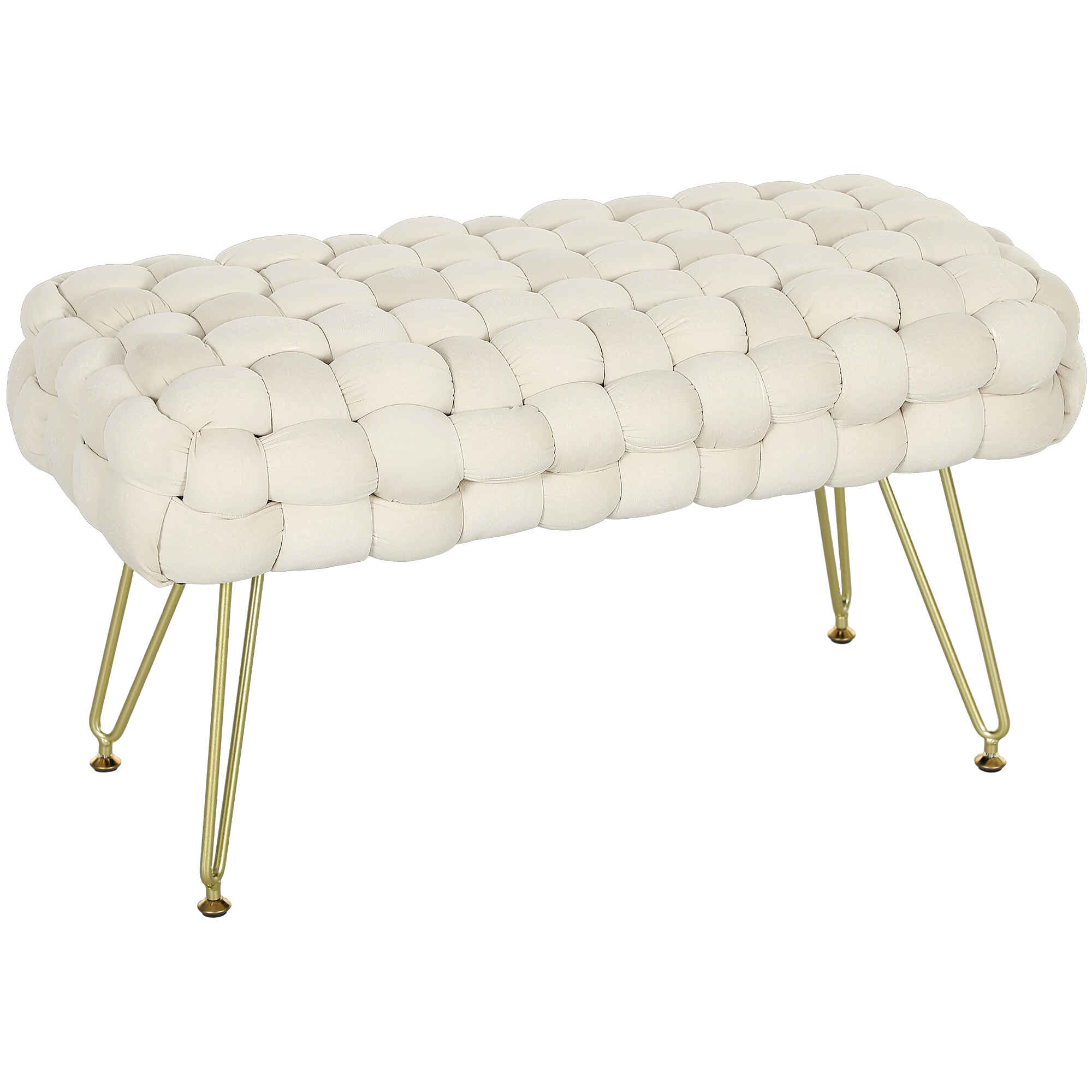 Banco Pie de Cama Tapizado en Terciopelo Banqueta Dormitorio Pie de Cama con Patas Doradas y Asiento Acolchado para Entradas Crema