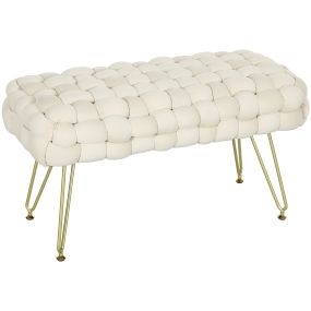 Banco Pie de Cama Tapizado en Terciopelo Banqueta Dormitorio Pie de Cama con Patas Doradas y Asiento Acolchado para Entradas Crema