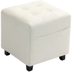 Reposapiés de Salón Taburete Bajo Tapizado en Lino Otomana Cuadrada con Bolsillo Lateral Tapa con Botones Acolchados y Marco de Madera para Sala de Estar Dormitorio Crema