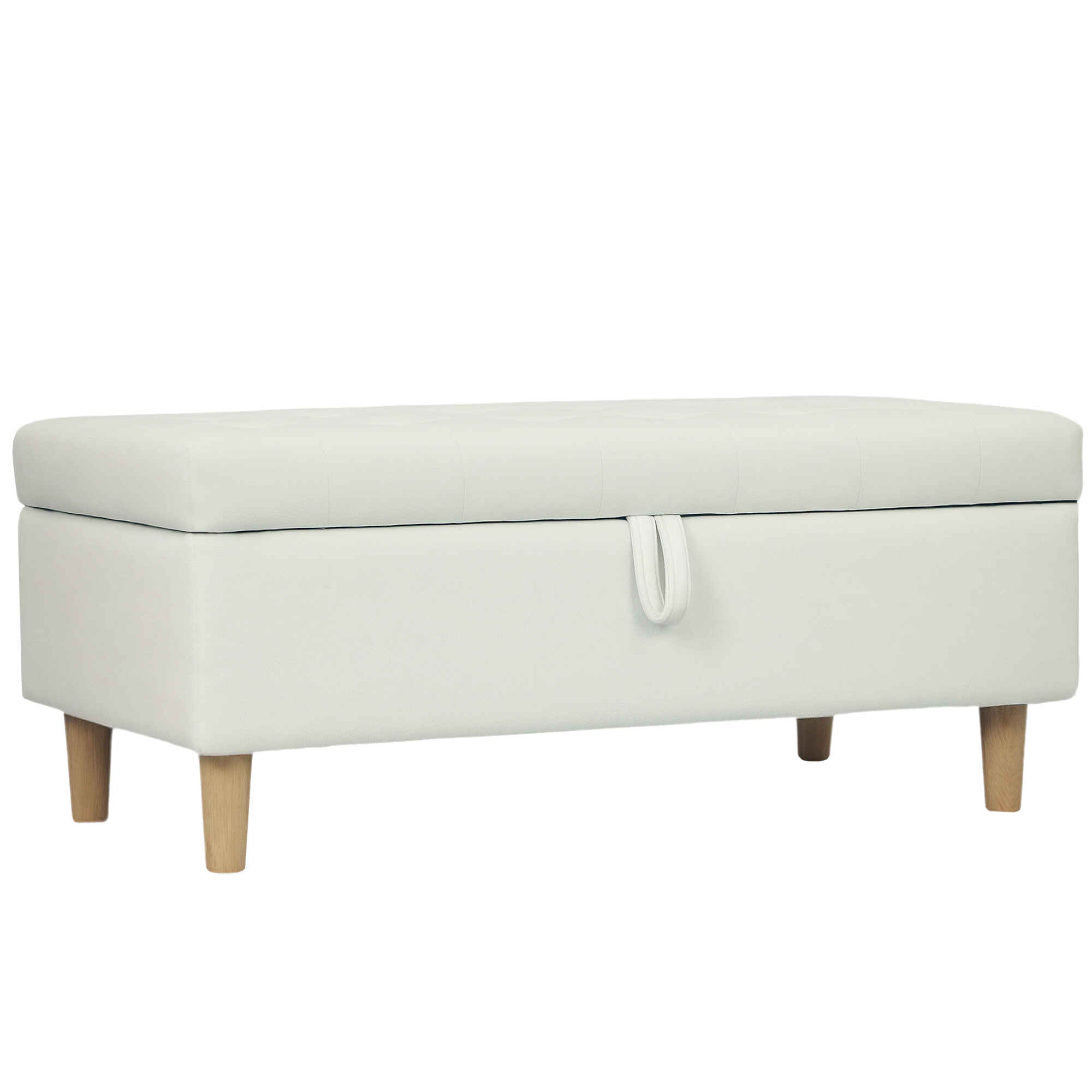 Puff Almacenaje Baúl Tapizado de Terciopelo 100x50x43 cm con Patas de Madera Capacidad 71L Soporta 240 kg Banco Almacenaje para Dormitorio Pasillo Salón Blanco Crema
