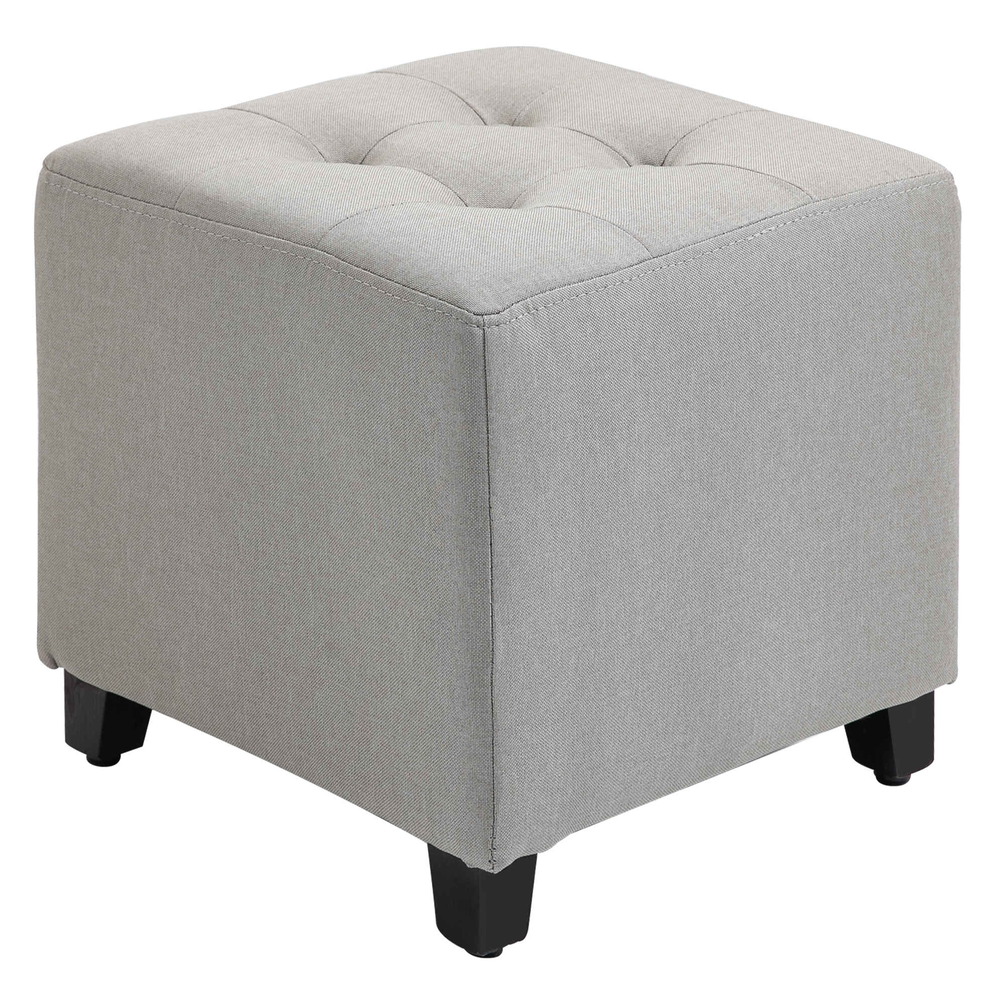 Taburete Bajo Otomana Reposapiés Acolchado con Patas de Madera Maciza Diseño de Botones 35x35x35 cm Gris Claro