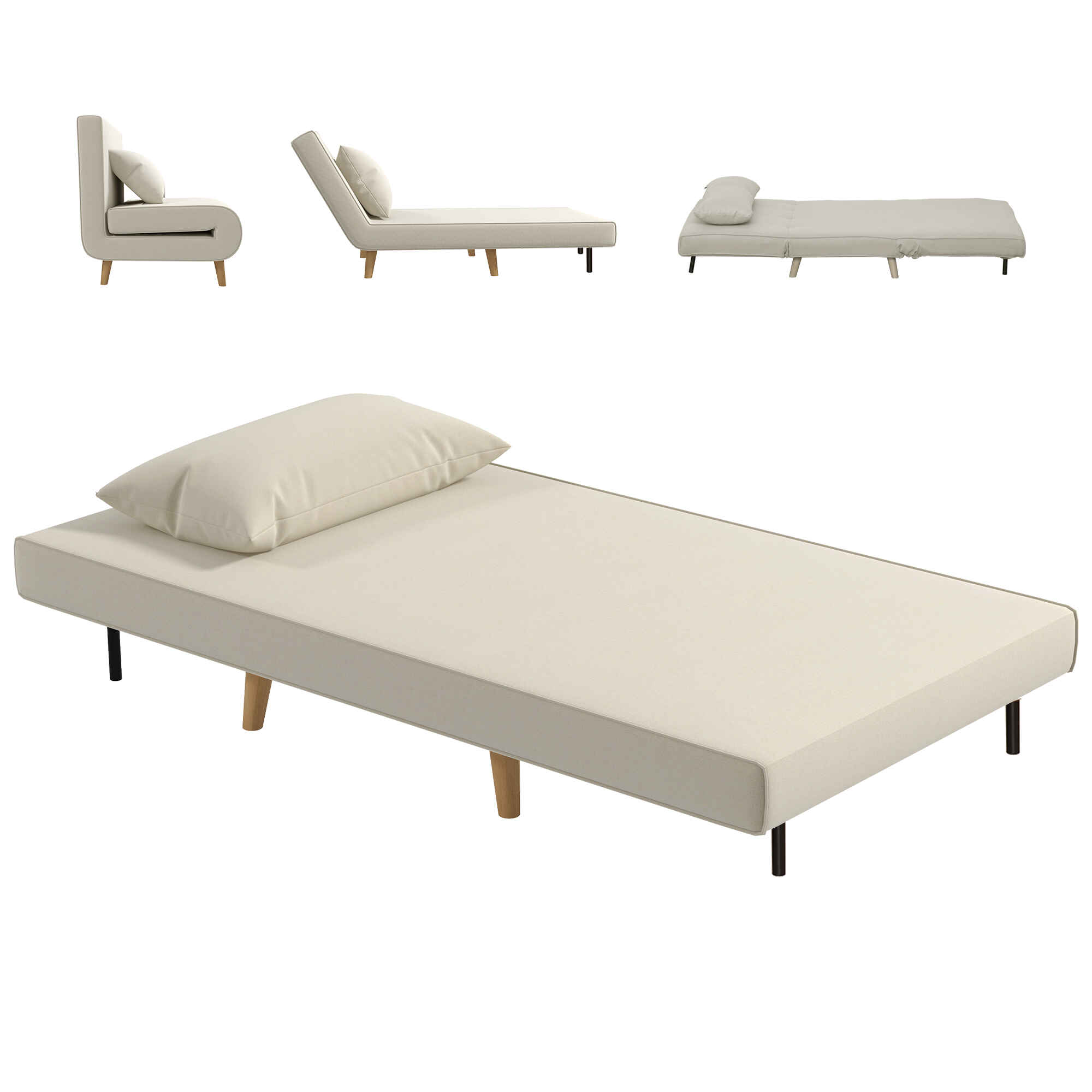 Sofá Cama Individual 3 en 1 94x78x80 cm Sillón Cama con Respaldo Ajustable en 6 Posiciones Almohada Acolchada Carga 350 kg para Oficina Dormitorio Salón Beige