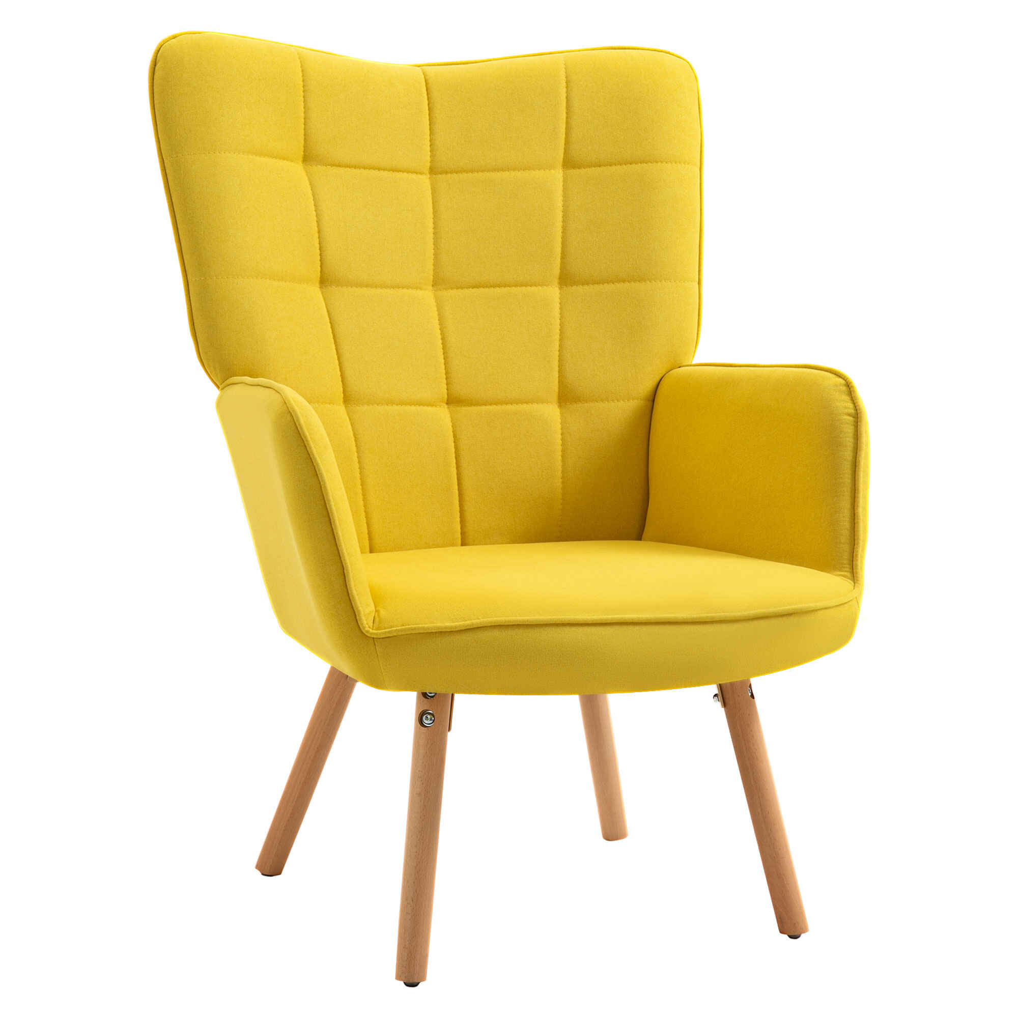 Sillón de Salón Moderno Butaca de Dormitorio con Respaldo Alto Reposabrazos Tela de Lino y Patas de Madera para Sala de Estar 71x76x101 cm Amarillo