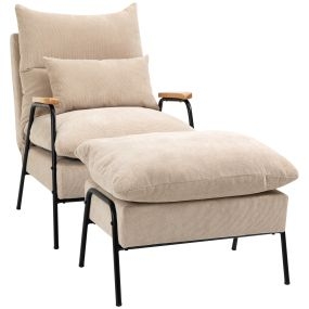 Sillón de Relax con Reposapiés Sillón Reclinable con Respaldo Ajustable Tapizado en Pana Marco de Acero y Cojines para Salón Dormitorio 68x91,5x88 cm Beige