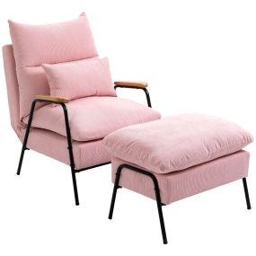 Sillón de Relax con Reposapiés Sillón Reclinable con Respaldo Ajustable Tapizado en Pana Marco de Acero y Cojines para Salón Dormitorio 68x91,5x88 cm Rosa