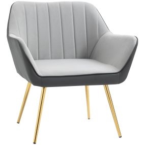 Butaca de Salón Sillón de Salón Tapizado en Cuero Sintético y Terciopelo con Reposabrazos Patas Doradas y Marco de Acero Butaca para Dormitorio Sala de Estar Carga 120 kg Gris