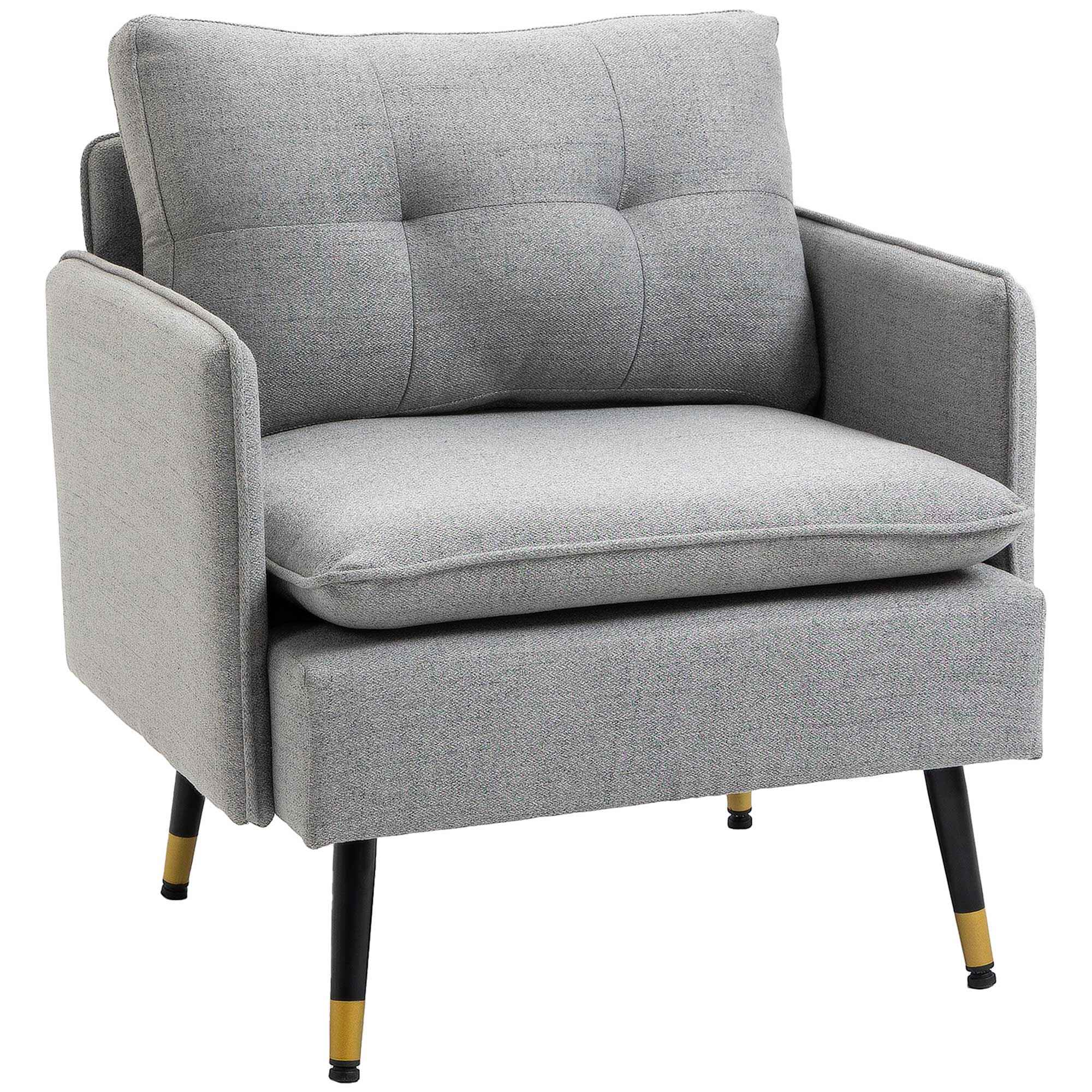 Sofá Individual Tapizado en Lino Sofá de Salón con Cojines Reposabrazos y Patas de Acero para Dormitorio Oficina Carga 120 kg 76x68x80 cm Gris