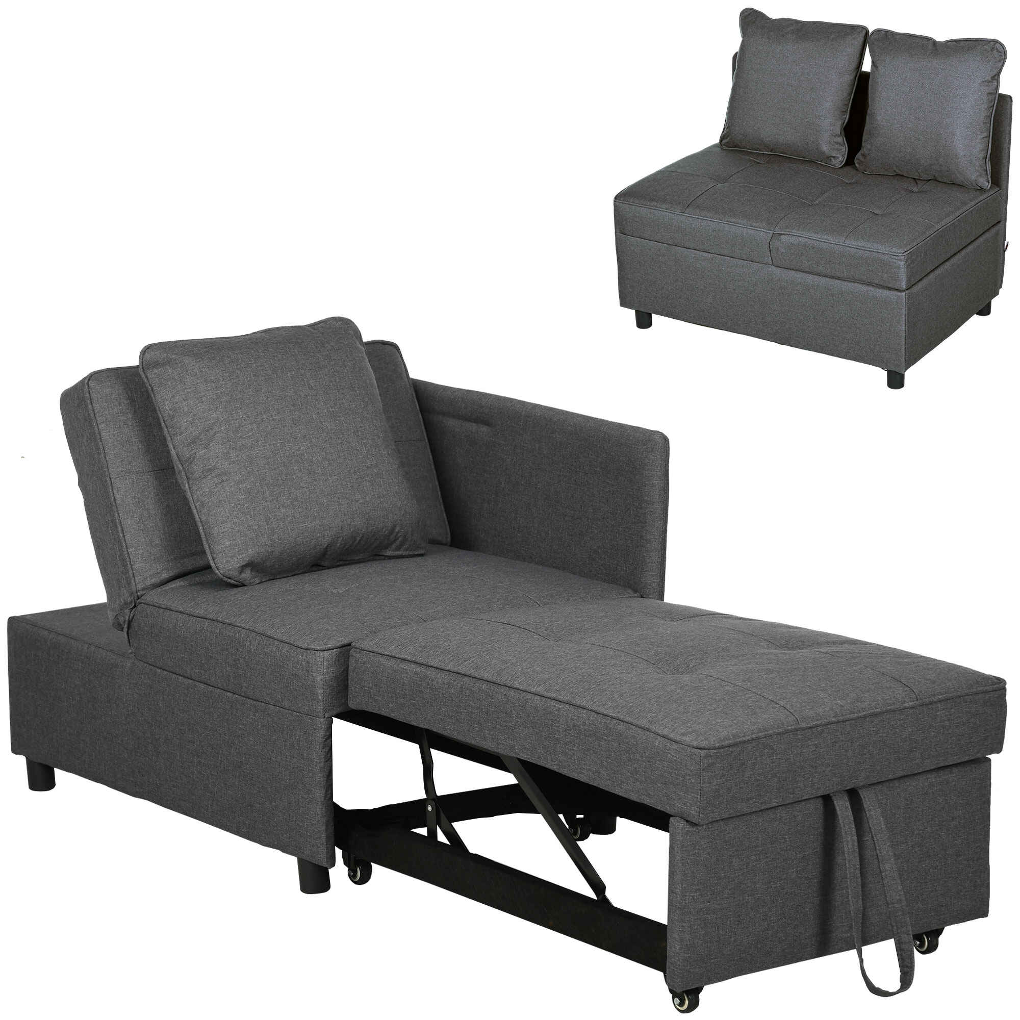 Sofá Cama 3 en 1 Sofá Individual con Respaldo Ajustable Sillón Cama Individual con Almohadas para Dormitorio Sala de Estar Apartamento Gris