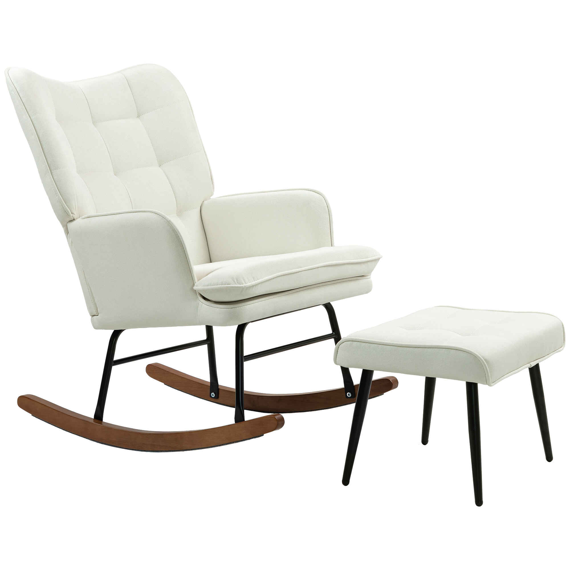 Silla Mecedora con Reposapiés Mecedora para Lactancia con Cojín Acolchado Reposabrazos y Patas de Madera Carga 130 kg Sillón Relax para Salón Dormitorio Crema