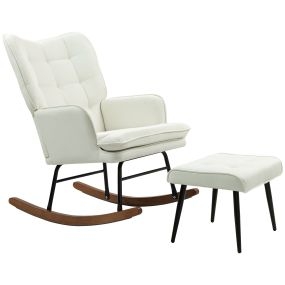 Silla Mecedora con Reposapiés Mecedora para Lactancia con Cojín Acolchado Reposabrazos y Patas de Madera Carga 130 kg Sillón Relax para Salón Dormitorio Crema