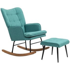 Silla Mecedora con Reposapiés Mecedora para Lactancia con Cojín Acolchado Reposabrazos y Patas de Madera Carga 130 kg Sillón Relax para Salón Dormitorio Verde Azulado