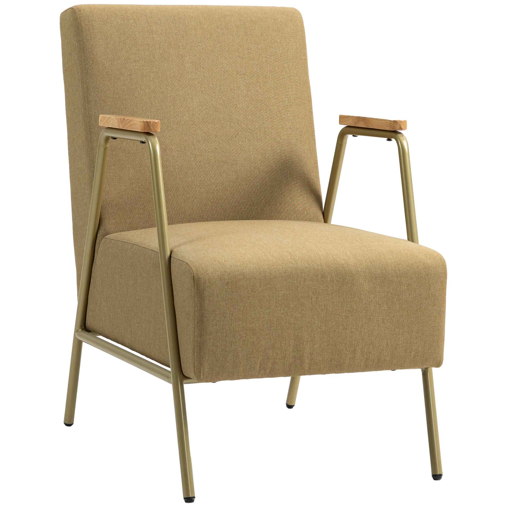 Butaca de Dormitorio Sillón Individual con Reposabrazos Marco de Acero Dorado Estilo Moderno para Salón Marrón Claro