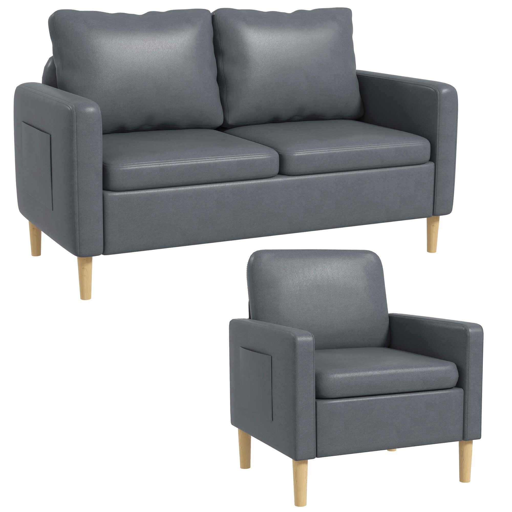 Conjunto de Sofá Incluye 1 Sofá de 2 Plazas y 1 Butaca de Salón con Bolsillos Laterales Reposabrazos y Patas de Madera para Dormitorio Oficina Gris