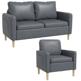 Conjunto de Sofá Incluye 1 Sofá de 2 Plazas y 1 Butaca de Salón con Bolsillos Laterales Reposabrazos y Patas de Madera para Dormitorio Oficina Gris