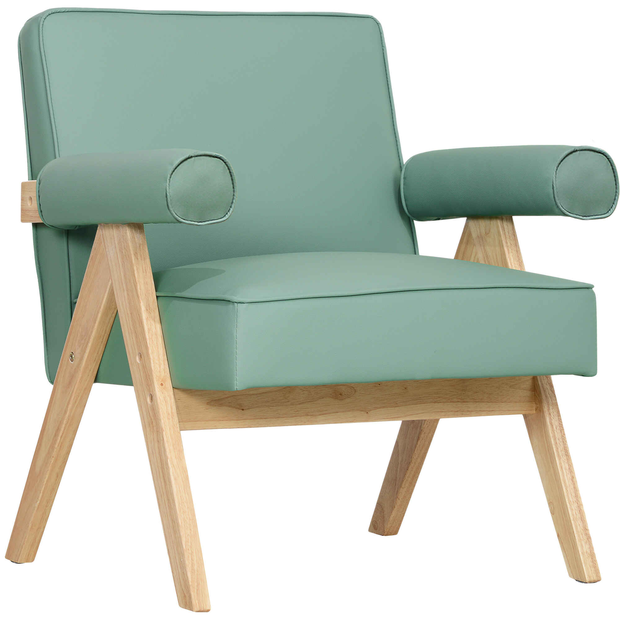 Butaca de Salón Butaca Nórdica Sillón de Salón Tapizado en PU con Reposabrazos y Marco de Madera de Caucho para Dormitorio Carga 120 kg Verde