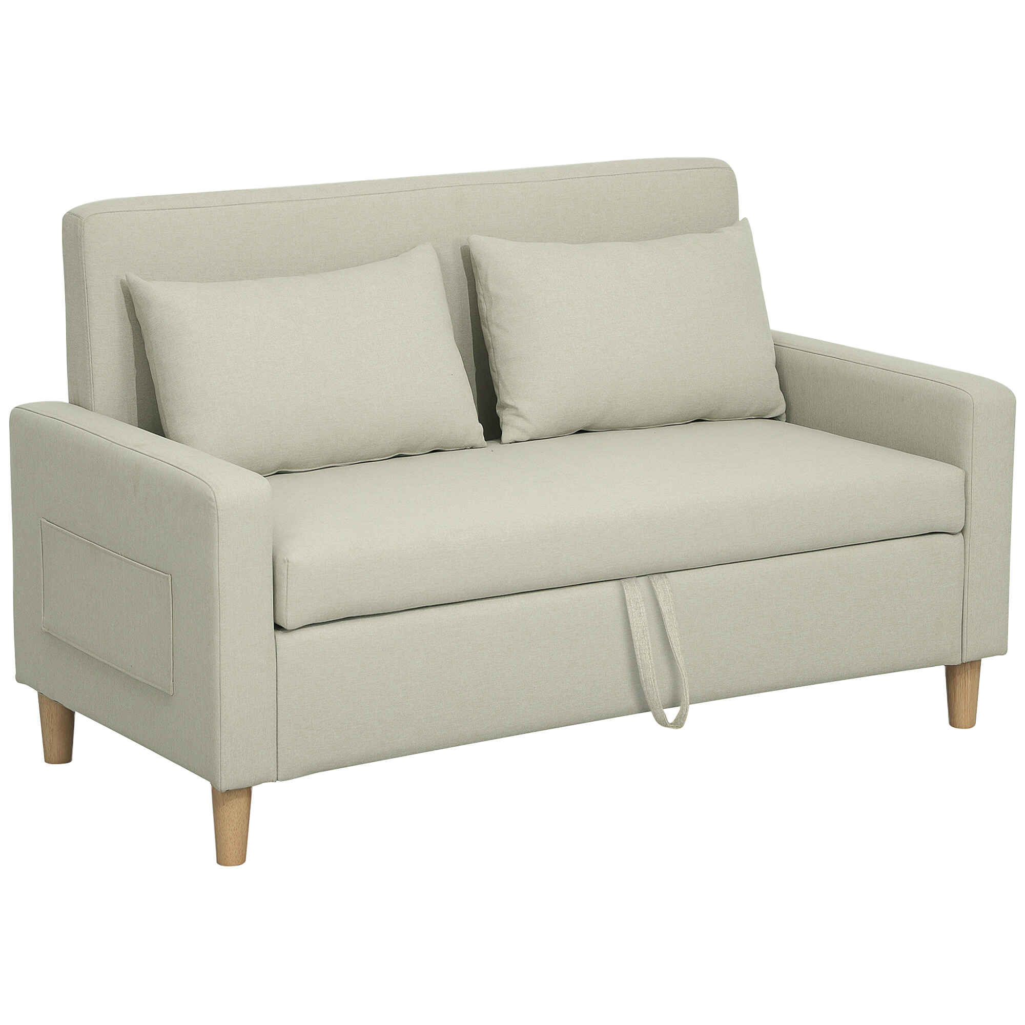 Sofá de 2 Plazas Tapizado en Lino Sintético con Espacio de Almacenamiento Oculto Sofá de Salón con 2 Almohadas Bolsillo y Patas de Madera Carga 240 kg 135x72x84 cm Beige