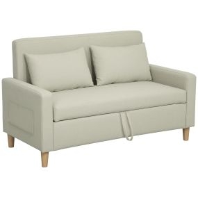 Sofá de 2 Plazas Tapizado en Lino Sintético con Espacio de Almacenamiento Oculto Sofá de Salón con 2 Almohadas Bolsillo y Patas de Madera Carga 240 kg 135x72x84 cm Beige