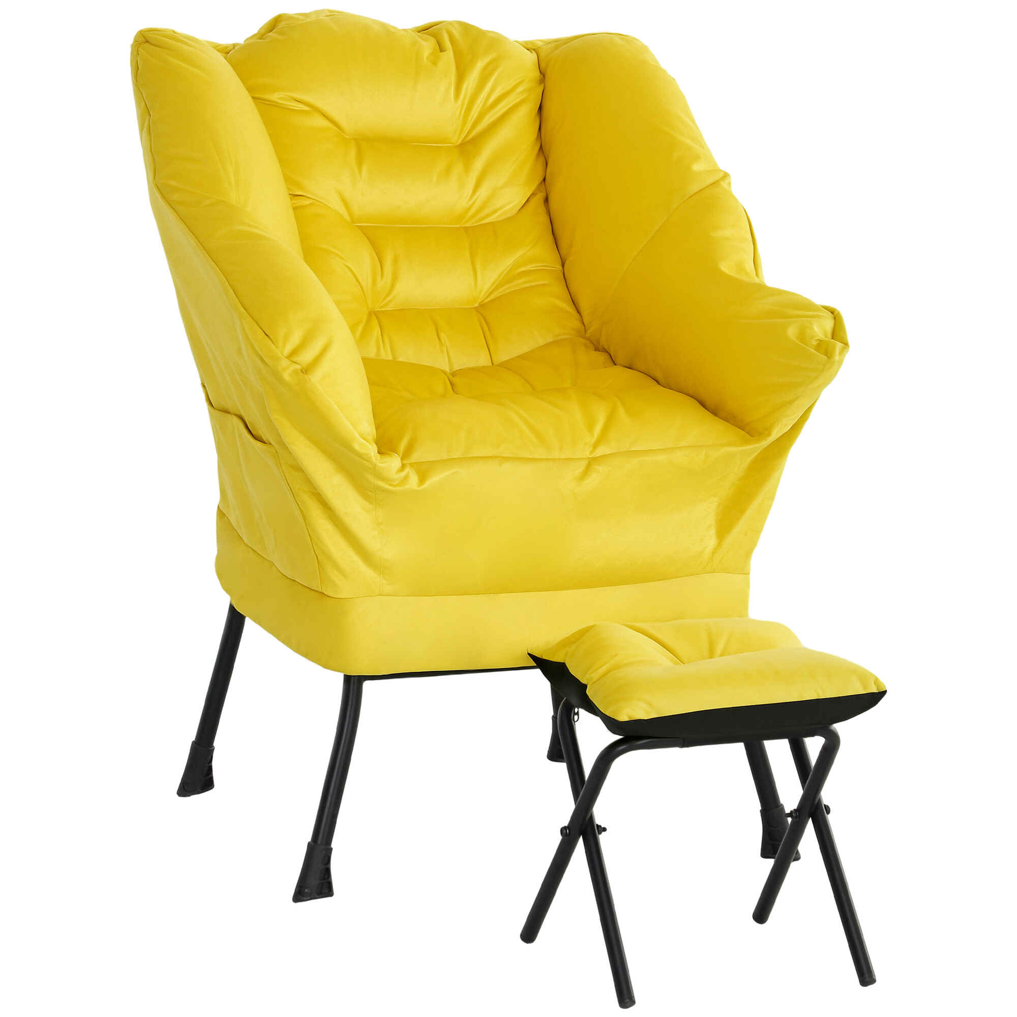 Sillón de Salón con Reposapiés Sillón de Relax Butaca para Dormitorio con Bolsillos Laterales y Patas de Acero para Sala de Estar Amarillo