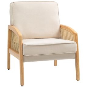 Sillón de Salón Moderno Butaca para Dormitorio con Reposabrazos de Ratán Cojín Extraíble y Patas de Madera Sofá Lectura Carga 120 kg para Oficina Sala de Estar Beige