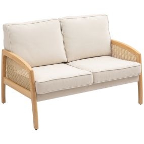 Sofá de 2 Plazas Tapizado en Chenilla Sofá de Salón con 2 Almohadas Lavables y Reposabrazos de Ratán Sintético Carga 240 kg 123x75x88 cm Beige