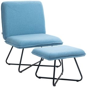 Sillón de Salón con Reposapiés Sillón de Relax sin Brazos Butaca para Dormitorio con Patas de Acero en Forma de Cruz para Sala de Estar Azul Claro