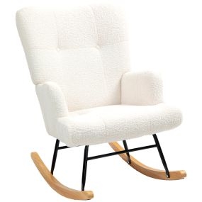 Mecedora de Borreguito Mecedora para Lactancia con Respaldo Capitoné y Base de Madera de Caucho Carga 120 kg Sillón Relax para Salón Dormitorio Crema
