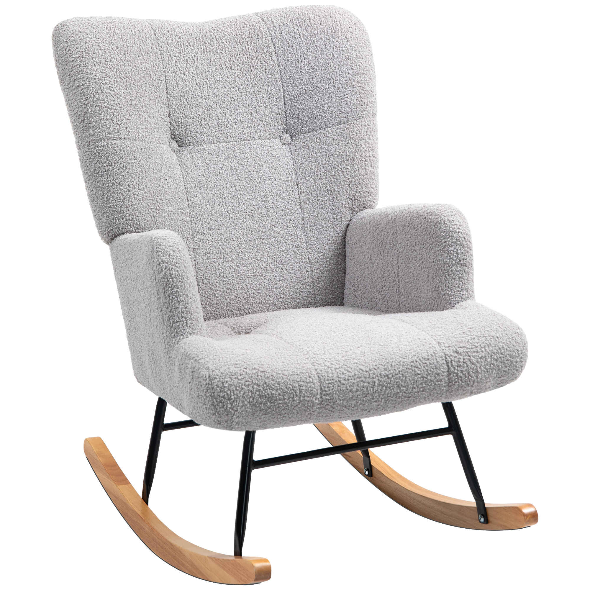 Mecedora de Borreguito Mecedora para Lactancia con Respaldo Capitoné y Base de Madera de Caucho Carga 120 kg Sillón Relax para Salón Dormitorio Gris Claro